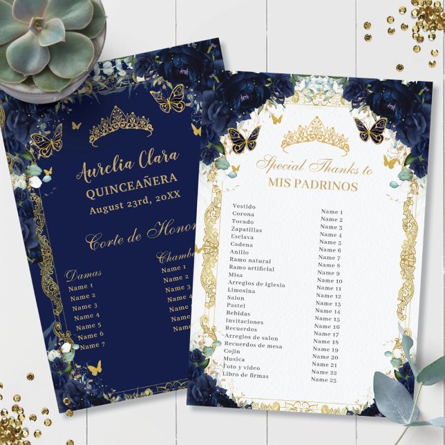 Marinho Azul Floral Dourada Quinceañera Padrinos C (rich-dark-navy-blue-roses-floral-flowers-gold-butterflies-Quinceañera-mis-padrinos-budget-sheets)