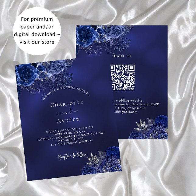 Marinho azul floral QR RSVP convite para casamento (Criador carregado)