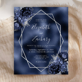 Marinho Azul Floral Silver Frame Foil Casamento