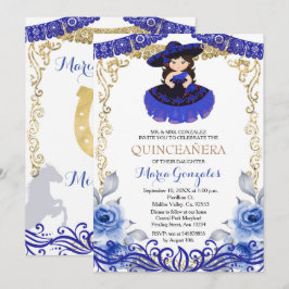 Marinho Azul Flores Douradas Quinceanera Convite