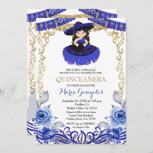Marinho Azul Flores Douradas Quinceanera Convite
