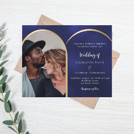 Marinho azul foto dourada convite para casamento