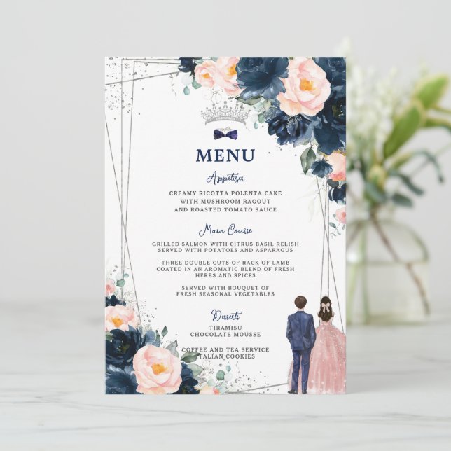 Marinho Azul Gêmeas Florais Quinceañera Menu (Em pé/Frente)