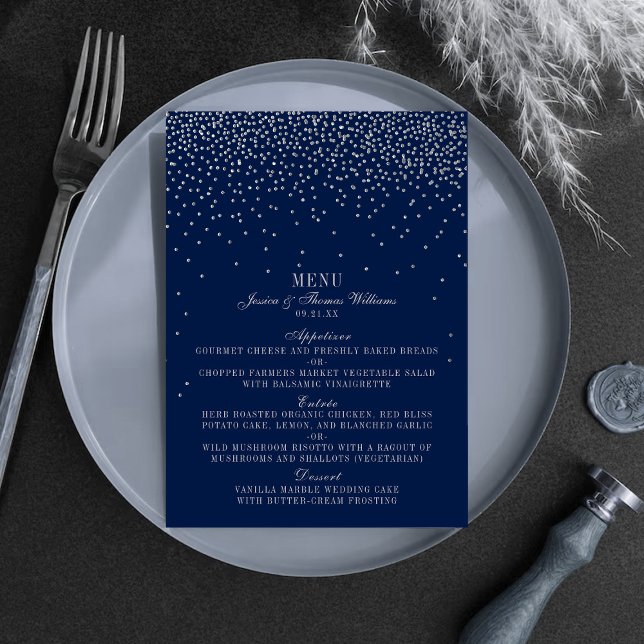 Marinho Azul & Glam Silver Confetti Menu Casamento (Criador carregado)
