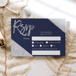 Marinho azul-guião prateado casamento Rsvp
