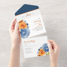 Marinho Azul Laranja Queda Floral Boho Casamento