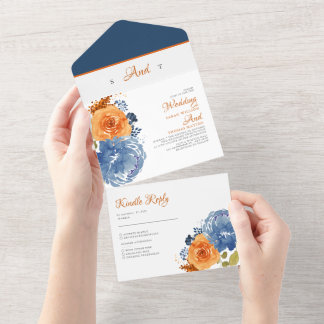 Marinho Azul Laranja Queda Floral Boho Casamento