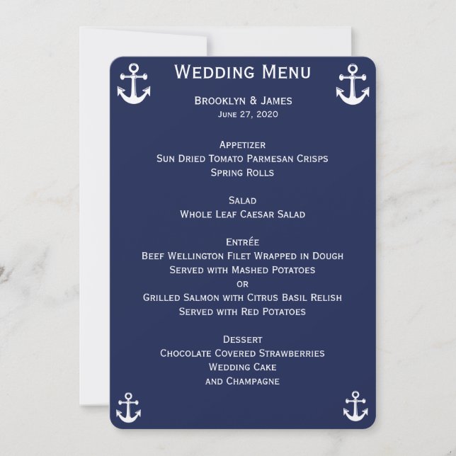 Marinho Azul Menu Casamento Náutico Convites Perso (Frente)
