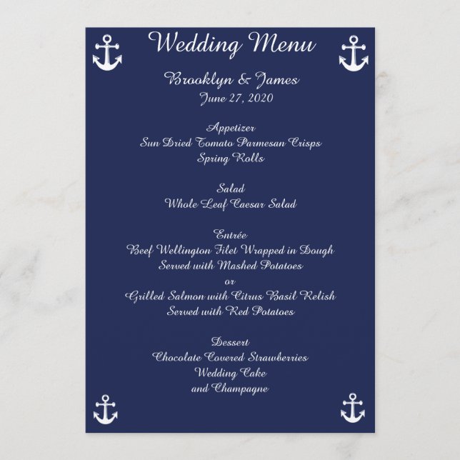Marinho Azul Menu Casamento Náutico Convites Perso (Frente)