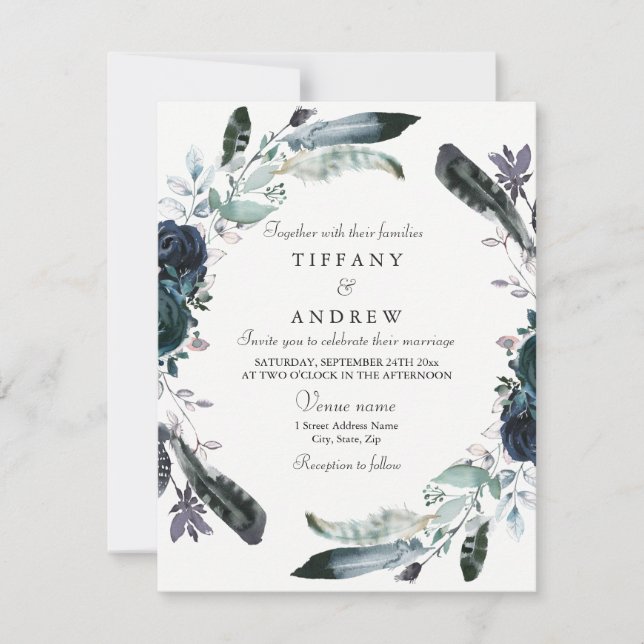 Marinho Azul Negro Floral Wreath Convite De Casame (Frente)