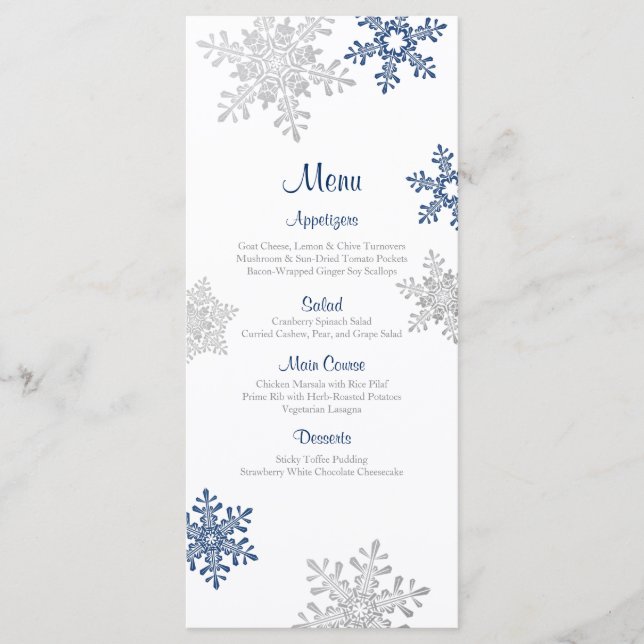 Marinho Azul Prata Snowflake Menu Casamento no inv (Frente)