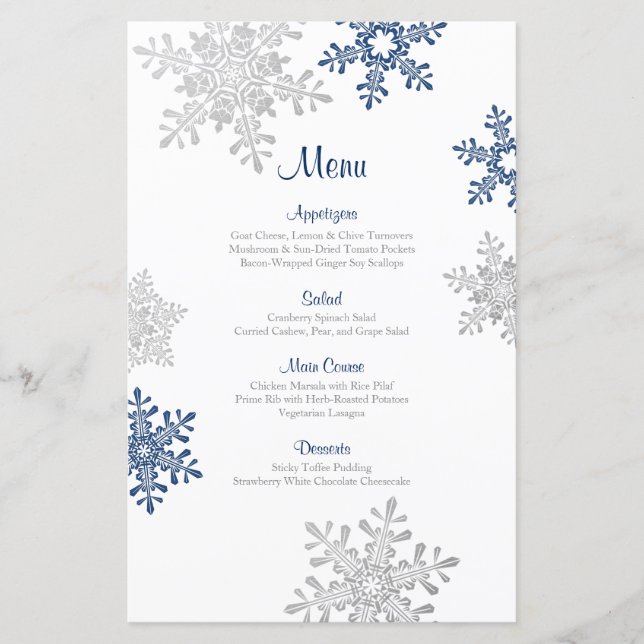 Marinho Azul Prata Snowflake Menu Casamento no inv (Frente)