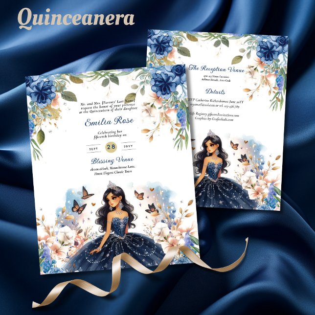 Marinho Azul Quinceanera Vestido Borboletas Florai (Criador carregado)