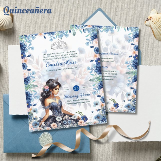 Marinho Azul Quinceanera Vestido Rosas Florais (Criador carregado)