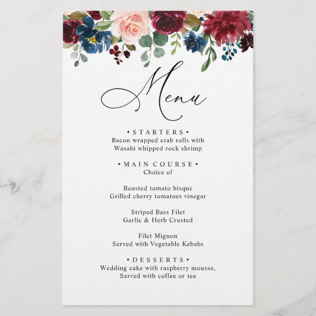 Marinho azul Rosas  azul Menu Janto Casamento (Frente)