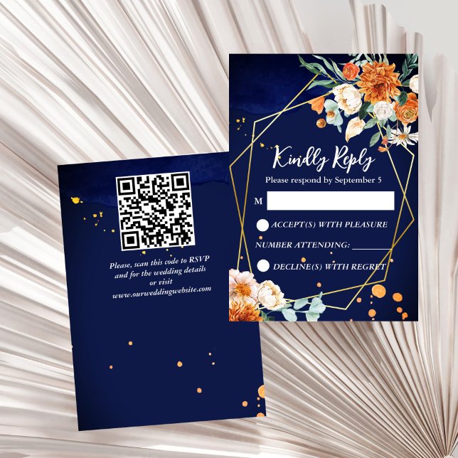 Marinho azul rosas brancas laranja casamento RSVP (Navy blue orange white roses geometrical gold frame wedding RSVP card wedding invitation suite)