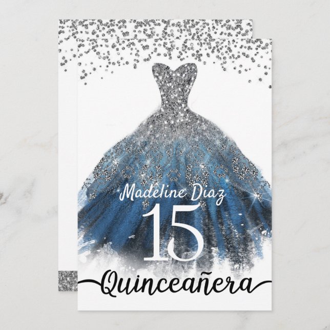 Marinho Azul Silver Quinceanera Convite de Anivers (Frente/Verso)