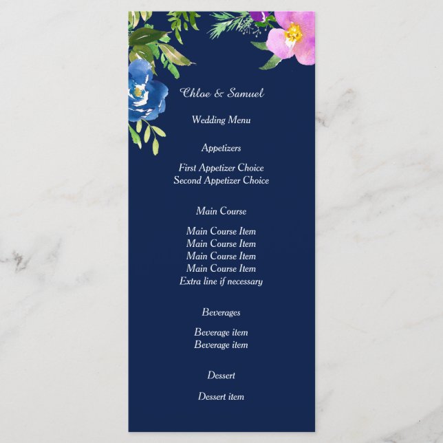 Marinho Azul Violeta Floral Menu Casamento (Frente)