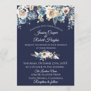 Marinho Blue Champagne Convite Floral Para Casamen