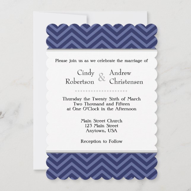 Marinho Blue Chevron - Convites para Casamento (Frente)