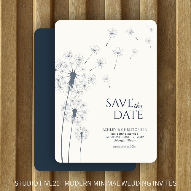 Marinho Blue Dandelion Weding the Date Card (Criador carregado)