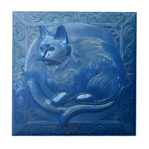 Marinho Blue Faux alivio Art Nouveau Cat