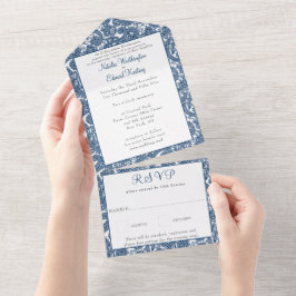 Marinho Blue Filigree Paisley Henna Wedding RSVP
