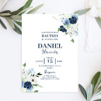 Marinho Blue Floral Baptism Boy Convite espanhol
