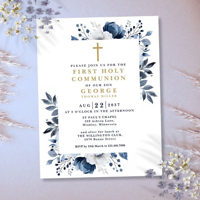 Marinho Blue Floral Primeiro Convite à Comunhão Sa (Navy Blue Floral First Holy Communion Invitation Postcard)