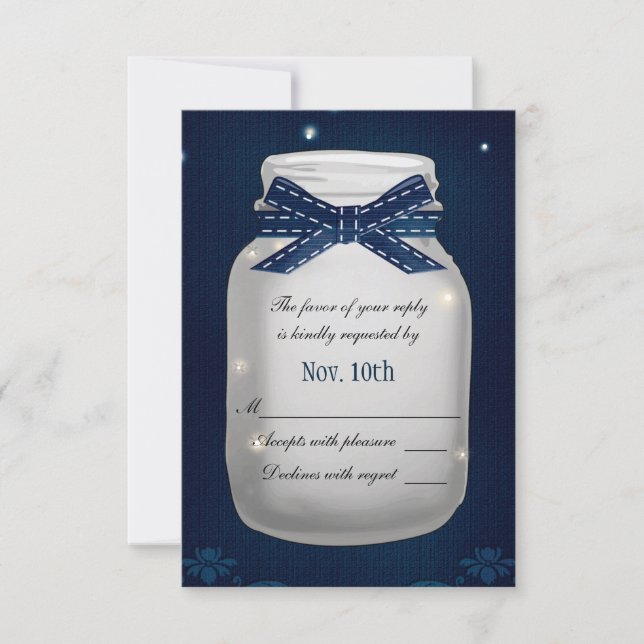 Marinho Blue Mason Jar com placa RSVP de Fireflies (Frente)