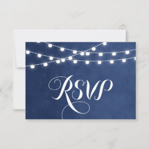 Marinho Blue String Lights Weding RSVP Card