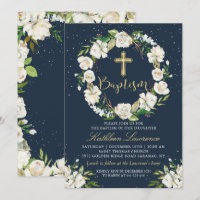 Marinho Blue Winter Floral Girl Baptism Convite