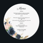 Marinho Blush Floral Ouro Sai do Menu Redondo<br><div class="desc">O Ouro flexível com design impresso moderno e elegante deixa uma placa de menu redonda para a placa que pode ser personalizada com o seu texto. Veja na loja de Design de arte gráfica outros produtos que combinam com este design!</div>