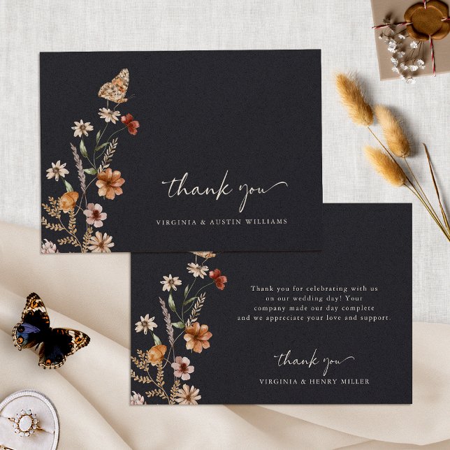 Marinho Boho Cartões de agradecimentos Floral De C (Navy Blue Boho Floral Wedding Thank You Card with Butterfly by Painted Paperie
)