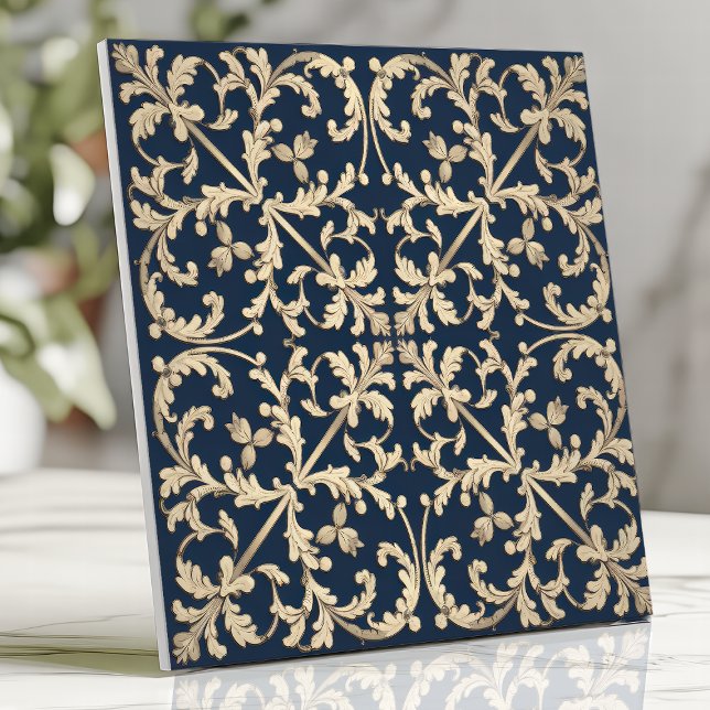 Marinho Botânico Vintage Damask Scroll Blue Dourad (Criador carregado)