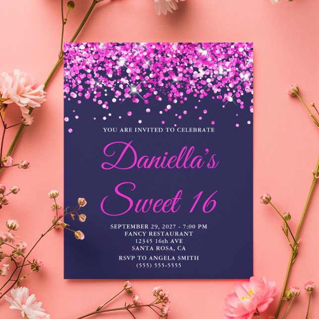 Marinho Brilhante Rosa Quente de Orçamento Docente (Budget Hot Pink Glitter Navy Sweet 16 Invite)