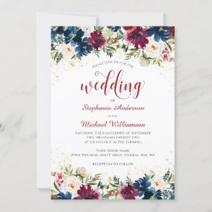 Marinho Burgandy Watercolor Convite Floral Para Ca