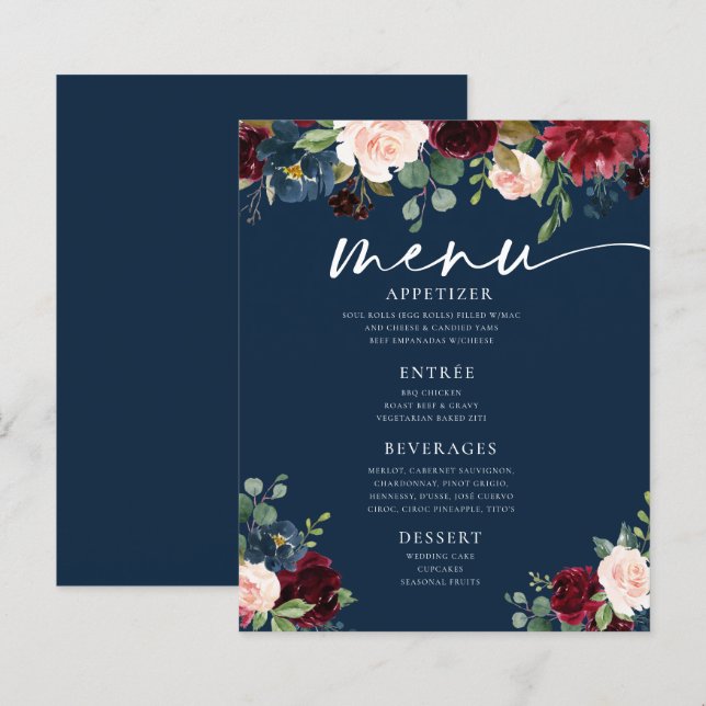 Marinho Burgundy Blush Floral Wedding Menu Plano (Frente/Verso)