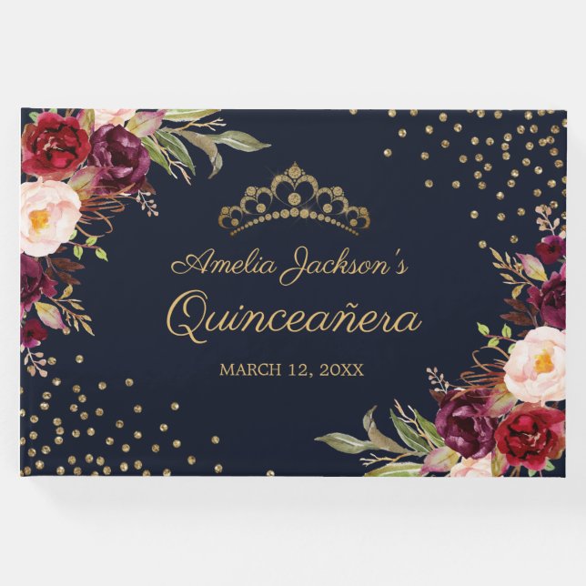 Marinho Burgundy Floral Quinceanera Livro Convidad (Frente)