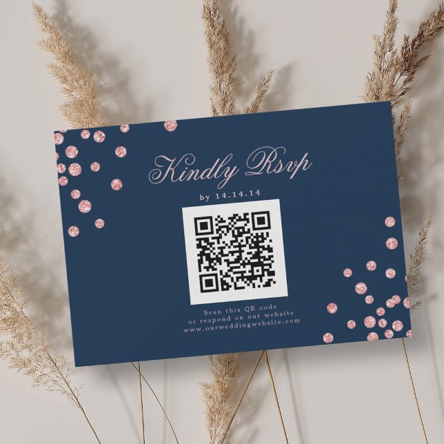 Marinho Confetti Dourado de Rosa RSVP de Casamento (Wedding QR RSVP Rose Gold Confetti Navy Blue )