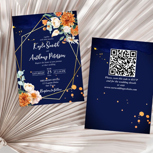 Marinho convite de casamento de rosas brancas cor  (Navy blue orange white roses geometrical gold frame all in one wedding invitation template digital)