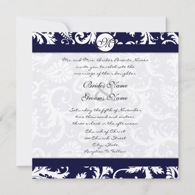 Marinho Damask Swirls Convite Para Casamento (Frente)