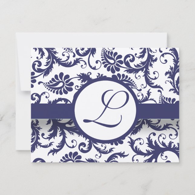 Marinho Damask Swirls Convite Para Casamento (Frente)