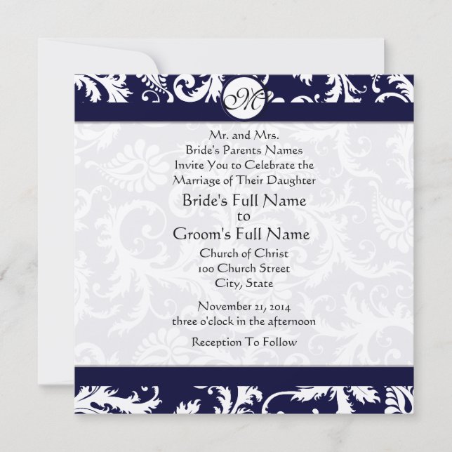 Marinho Damask Swirls Convite Para Casamento (Frente)