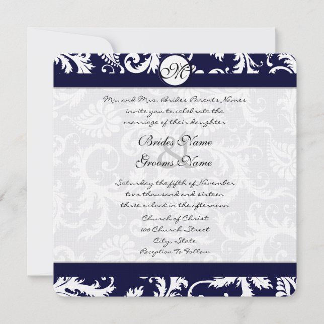 Marinho Damask Swirls Convite Para Casamento (Frente)