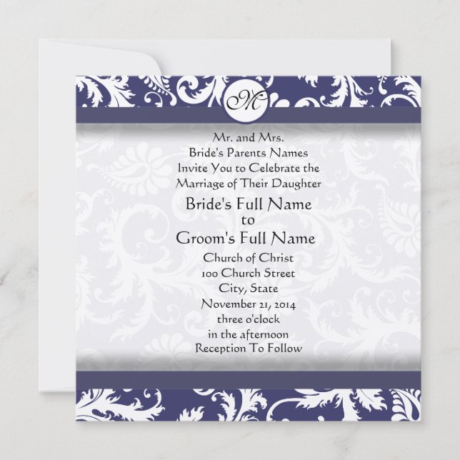 Marinho Damask Swirls Convite Para Casamento (Frente)