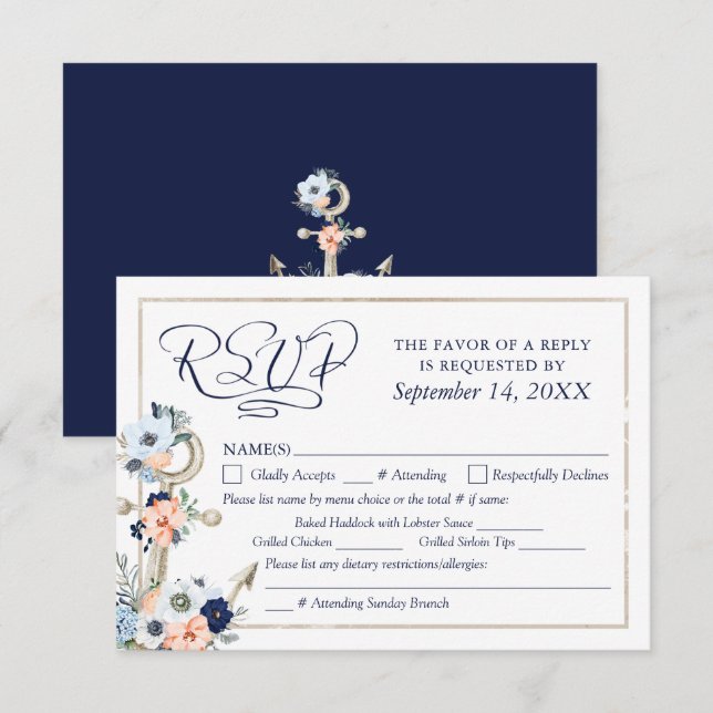 Marinho de Âncora Náutica de Casamento RSVP Azul d (Frente/Verso)