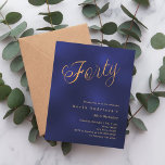 Marinho de aniversário de 40 anos de script de our<br><div class="desc">Um convite moderno e na moda para uma festa aniversário de 40 anos. Um fundo azul marinho, incolor e com a palavra Quarenta escrita com letras elegantes e grandes em dourado falso. Personalize e adicione um nome e detalhes da parte. 1 folha = 1 convite impresso de borda a borda....</div>