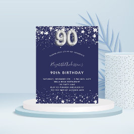 Marinho de aniversário de 90 azul convite prata