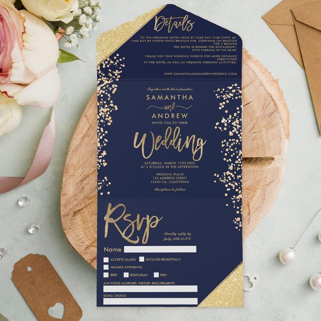 Marinho de casamento azul com dourado chic confett (Criador carregado)